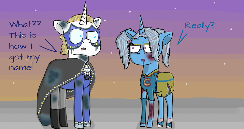 Size: 4096x2160 | Tagged: safe, artist:lavender-annabella, derpibooru import, prince blueblood, trixie, pony, unicorn, g4, blood, blue blood, female, image, joke, jpeg, male, mare, pun, ship:bluetrix, shipping, stallion, straight, visual pun