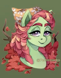 Size: 1280x1652 | Tagged: safe, artist:pelosrosados, derpibooru import, tree hugger, earth pony, pony, g4, bust, female, green background, head only, image, jpeg, lidded eyes, mare, portrait, signature, simple background, smiling, solo