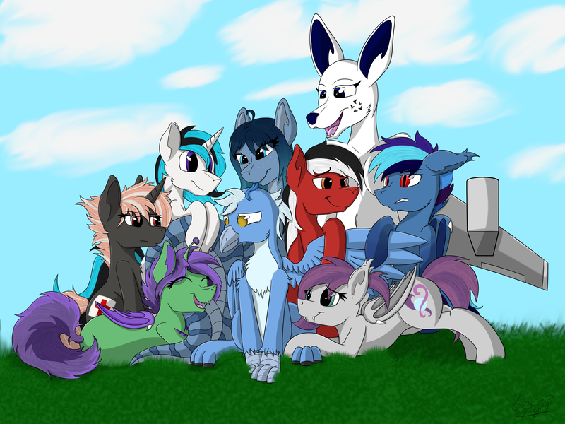 Size: 6528x4896 | Tagged: safe, artist:officiallunardj, derpibooru import, oc, oc:alisia, oc:crimson shield, oc:ebony rain, oc:frost wing, oc:luke quint, oc:opal brona, oc:pickles, oc:snap shot, oc:wulfric, alien, bat pony, gryphon, hybrid, kangaroo, lamia, original species, cute, furry, image, plane, png