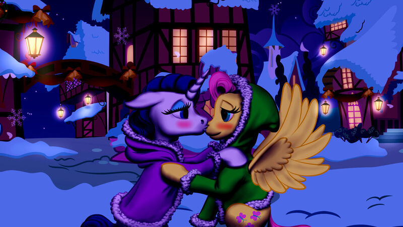 Size: 1280x720 | Tagged: safe, artist:vasillium, derpibooru import, fluttershy, rarity, pegasus, pony, unicorn, g4, blushing, clothes, coat, female, flarity, hood, image, jpeg, kissing, lantern, lesbian, mare, nose kiss, ponyville, shipping, snow, spread wings, wings, winter