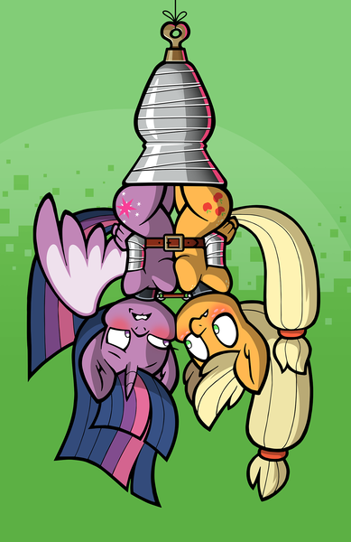 Size: 1429x2203 | Tagged: questionable, alternate version, artist:toonbat, derpibooru import, part of a set, applejack, twilight sparkle, twilight sparkle (alicorn), alicorn, anthro, earth pony, g4, alternate character, arm behind back, belt, blushing, bondage, bound together, breast squish, breasts, breasts touching, busty applejack, busty twilight sparkle, cheek to cheek, collar, do not want, duo, female, hanging, hanging upside down, image, lesbian, linked collars, mummification, nonconsensual, png, ship:twijack, shipping, suspended, suspension bondage, symmetrical docking, tape, tape bondage, toonbat's wrapped pony collection, upside down