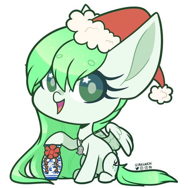 Size: 2000x2000 | Tagged: safe, artist:ak4neh, derpibooru import, oc, oc:sparrow gale, unofficial characters only, pegasus, pony, chibi, christmas, female, hat, hearth's warming, high res, holiday, image, jewelry, jpeg, mare, necklace, pegasus oc, santa hat, simple background, solo, vase, white background, wings