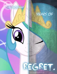 Size: 2158x2780 | Tagged: safe, artist:tehjadeh, derpibooru import, princess celestia, alicorn, pony, g4, depressedia, female, high res, image, jpeg, mare, multiple heads, poster, sad, two heads, two sided posters