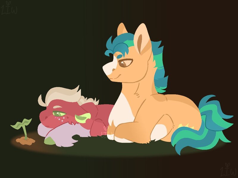 Size: 1200x900 | Tagged: safe, artist:lepz_weird, derpibooru import, hitch trailblazer, sprout cloverleaf, earth pony, pony, g5, my little pony: a new generation, duo, duo male, gay, image, jpeg, male, ship:clovertrail, shipping, sprout, sprout with a sprout, stallion