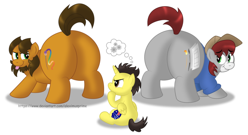 Size: 10967x5967 | Tagged: safe, artist:aleximusprime, author:bigonionbean, derpibooru import, oc, oc:alex the chubby pony, oc:khaki-cap, oc:tommy the human, alicorn, earth pony, pony, alicorn oc, butt, child, clothes, colt, commissioner:bigonionbean, dummy thicc, earth pony oc, embarrassed, extra thicc, facial hair, flank, foal, hat, horn, image, judging, male, plot, png, scrunchy face, shocked, simple background, sitting, stallion, taunting, teasing, the ass was fat, tongue out, transparent background, wings