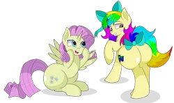 Size: 8800x5226 | Tagged: safe, artist:rainbowtashie, author:bigonionbean, derpibooru import, oc, oc:charitable nature, oc:rainbow tashie, alicorn, earth pony, pegasus, pony, unicorn, alicorn oc, blushing, bow, butt, commissioner:bigonionbean, cutie mark, embarrassed, extra thicc, female, flank, fusion, fusion:fluttershy, fusion:rarity, hair bow, horn, image, mare, parent:fluttershy, parent:rarity, plot, png, simple background, spread wings, tail, tail bow, transparent background, wings