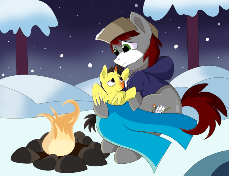 Size: 9000x6923 | Tagged: safe, artist:rainbowtashie, author:bigonionbean, derpibooru import, oc, oc:khaki-cap, oc:tommy the human, alicorn, earth pony, pony, alicorn oc, butt, campfire, child, clothes, cold, colt, commissioner:bigonionbean, concerned, dummy thicc, earth pony oc, extra thicc, fire, foal, hat, horn, image, male, pants, plot, png, red nosed, sick, sitting, snow, snowfall, stallion, swollen horn, teary eyes, the ass was fat, tree, wings, worried