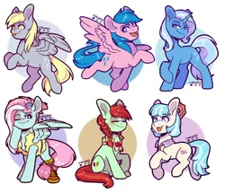 Size: 2000x1717 | Tagged: safe, artist:ak4neh, derpibooru import, candy apples, coco pommel, derpy hooves, firefly, kerfuffle, trixie, earth pony, pegasus, pony, unicorn, g4, amputee, apple family member, bow, braid, female, image, mare, necktie, png, prosthetic limb, prosthetics, tongue out