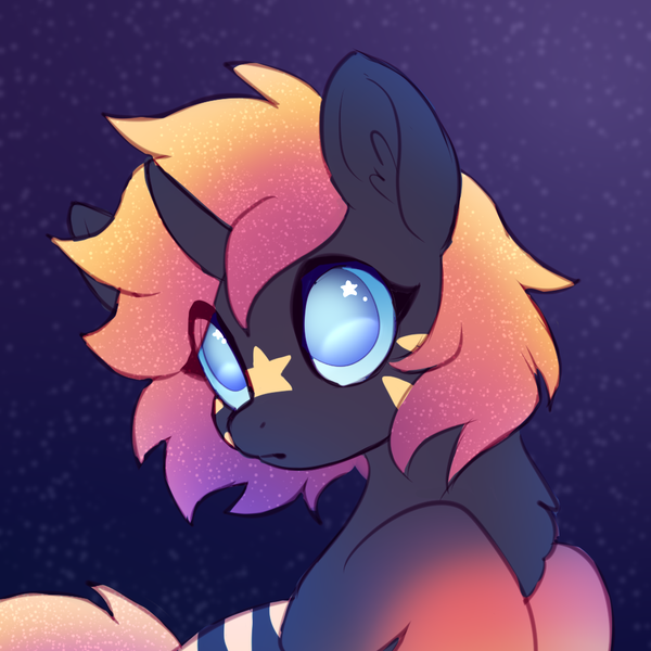 Size: 1000x1000 | Tagged: safe, artist:luminousdazzle, derpibooru import, oc, oc:monoceros, unofficial characters only, pony, unicorn, chest fluff, ethereal mane, female, gradient hooves, gradient mane, image, looking up, mare, markings, night, no pupils, png, solo, space, starry mane, starry night