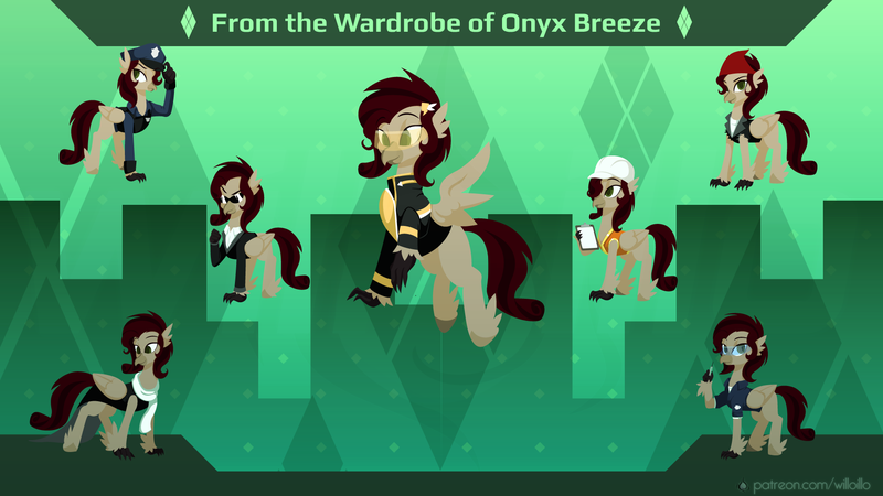 Size: 1920x1080 | Tagged: safe, artist:willoillo, derpibooru import, oc, oc:onyx breeze, hippogriff, biker, clothes, commission, construction pony, costume, cyberpunk, dress, gangster, image, medic, nighthaze, png, police, police officer, police uniform, reference, scarf, secret agent, skyguard, sunglasses, syringe, visor