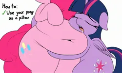 Size: 2721x1647 | Tagged: suggestive, artist:blitzyflair, derpibooru import, pinkie pie, twilight sparkle, twilight sparkle (alicorn), alicorn, earth pony, pony, g4, belly, belly button, belly hug, big belly, chubby, drool, duo, eyes closed, faceless female, fat, female, females only, floppy ears, grabbing, image, jpeg, lesbian, mare, obese, offscreen character, open mouth, plump, pudgy pie, shipping, simple background, sleeping, twinkie