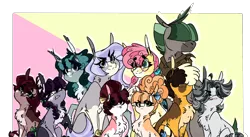 Size: 2920x1600 | Tagged: safe, artist:jolenepiggelin, derpibooru import, li'l cheese, oc, oc:amethyst pie, oc:banana pie, oc:mahogany heart pie, oc:monochrome pie, oc:poppy rock pie, oc:rock moss pie, oc:stone stitches pie, oc:sweet cherry pie, oc:sweet honey pie, earth pony, pony, g4, the last problem, chest fluff, cousins, glasses, image, magical gay spawn, magical lesbian spawn, offspring, parent:big macintosh, parent:cheese sandwich, parent:coco pommel, parent:derek, parent:limestone pie, parent:marble pie, parent:maud pie, parent:mud briar, parent:octavio pie, parent:pinkie pie, parents:cheesepie, parents:derektavio, parents:marblemac, parents:maudbriar, png