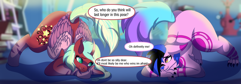 Size: 1280x448 | Tagged: safe, artist:brybrychan, derpibooru import, oc, alicorn, anthro, digitigrade anthro, pony, alicorn oc, anthro with ponies, dialogue, duo, face down ass up, horn, image, jack-o' valentine, jacko challenge, meme, png, wings