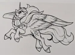 Size: 2048x1509 | Tagged: safe, artist:honiibree, derpibooru import, twilight sparkle, twilight sparkle (alicorn), alicorn, pony, g4, flying, image, jpeg, smiling, solo, spread wings, traditional art, unshorn fetlocks, wings