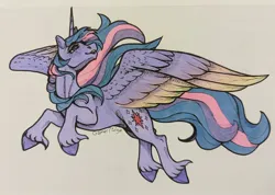 Size: 2048x1455 | Tagged: safe, artist:honiibree, derpibooru import, twilight sparkle, twilight sparkle (alicorn), alicorn, pony, g4, colored wings, colored wingtips, flying, image, jpeg, marker drawing, simple background, smiling, solo, spread wings, traditional art, unshorn fetlocks, white background, wings