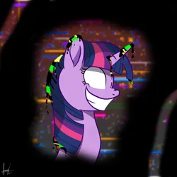 Size: 2400x2400 | Tagged: safe, artist:habiepon3, derpibooru import, twilight sparkle, pony, unicorn, g4, bust, corrupted, creepy, creepy smile, error, female, friday night funkin', glitch, grin, high res, image, jpeg, mare, no pupils, pibby, smiling, solo, unicorn twilight