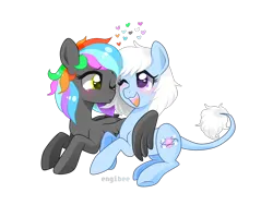 Size: 1600x1200 | Tagged: safe, artist:kaikururu, derpibooru import, oc, unofficial characters only, earth pony, pegasus, pony, blushing, duo, earth pony oc, female, heart, hug, image, lesbian, multicolored hair, oc x oc, one eye closed, pegasus oc, png, rainbow hair, shipping, simple background, smiling, transparent background, winghug, wings, wink