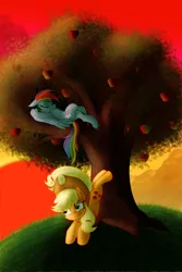 Size: 2000x3000 | Tagged: safe, artist:sixes&sevens, derpibooru import, applejack, rainbow dash, earth pony, pegasus, pony, g4, apple, apple tree, applejack's hat, bucking, cowboy hat, female, food, hat, high res, image, mare, png, prank, sleeping, sunrise, tree