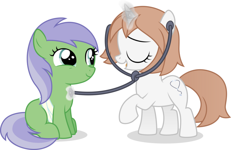 Size: 5422x3533 | Tagged: safe, artist:cirillaq, derpibooru import, key lime, oc, oc:healing touch, earth pony, pony, unicorn, absurd resolution, bandage, brown mane, brown tail, duo, duo female, earth pony oc, eyes closed, female, filly, foal, glow, glowing horn, hooves, horn, image, magic, open mouth, open smile, png, raised hoof, shadow, show accurate, simple background, sitting, smiling, standing, stethoscope, tail, telekinesis, transparent background, two toned mane, two toned tail, unicorn oc, vector