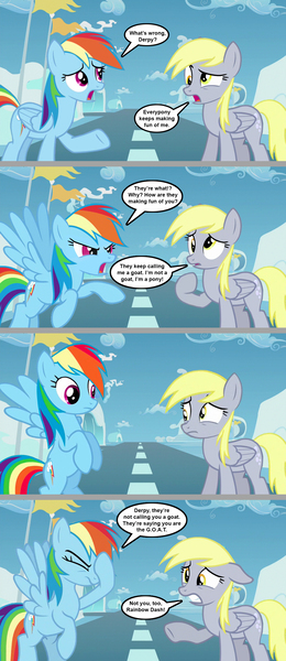 Size: 1280x2955 | Tagged: safe, artist:silverbuller, derpibooru import, derpy hooves, rainbow dash, pegasus, pony, g4, 4 panel comic, cloud, comic, cute, derpabetes, dialogue, duo, facehoof, flag, image, jpeg, looking at each other, looking at someone, misunderstanding, pun, runway, sky, speech bubble, text, wings