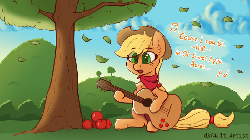 Size: 3840x2160 | Tagged: safe, artist:d3f4ult_4rt1st, derpibooru import, applejack, earth pony, pony, g4, apple, applejack's hat, bandana, caption, cloud, cowboy hat, cute, dawn, eye clipping through hair, food, guitar, hat, high res, hill, image, jackabetes, leaves, musical instrument, playing guitar, png, singing, sketch, sky, solo, sweet apple acres, tree, wind