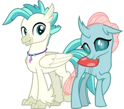 Size: 3658x3200 | Tagged: safe, artist:cheezedoodle96, derpibooru import, edit, ocellus, terramar, changedling, changeling, classical hippogriff, hippogriff, g4, school daze, surf and/or turf, .svg available, beak, crossed legs, cute, cuteling, diaocelles, duo, female, folded wings, full body, high res, horn, image, jewelry, looking at each other, looking at someone, looking at you, male, necklace, png, raised hoof, shipping, shy, simple background, smiling, straight, teeth, terracellus, transparent background, vector, wings