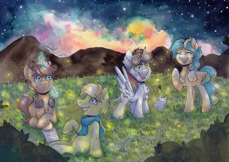 Size: 6863x4852 | Tagged: safe, artist:lightisanasshole, derpibooru import, oc, oc:lightning blitz, unofficial characters only, alicorn, earth pony, firefly (insect), insect, pegasus, pony, unicorn, alicorn oc, bush, clothes, earth pony oc, field, glasses, headphones, horn, image, laughing, looking at each other, looking at someone, looking up, magic, mountain, musician, night, night sky, pegasus oc, png, poster, scarf, singer, sky, smiling, thinking, traditional art, unicorn oc, watercolor painting, wings