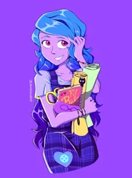 Size: 1476x1993 | Tagged: safe, artist:anndevil88, derpibooru import, izzy moonbow, human, equestria girls, g4, g5, my little pony: a new generation, bracelet, clothes, equestria girls-ified, female, friendship bracelet, g5 to equestria girls, g5 to g4, generation leap, grin, image, jewelry, jpeg, overalls, plaid, pony coloring, purple background, scissors, shirt, signature, simple background, smiling, solo, t-shirt