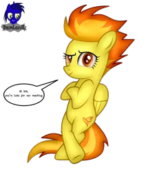 Size: 3840x4154 | Tagged: safe, artist:damlanil, derpibooru import, spitfire, pegasus, pony, g4, bipedal, bipedal leaning, comic, cool, crossed hooves, crossed legs, female, folded wings, high res, image, leaning, looking at you, mare, png, raised eyebrow, show accurate, signature, simple background, solo, speech bubble, standing on two hooves, talking to viewer, transparent background, vector, wings