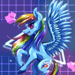 Size: 1800x1800 | Tagged: safe, artist:redahfuhrerking, derpibooru import, rainbow dash, pegasus, pony, g4, abstract background, backwards cutie mark, colored pupils, female, grin, hooves in air, image, looking at you, mare, png, side view, smiling, solo, spread wings, standing, teeth, wings