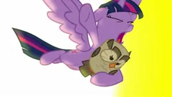 Size: 1280x720 | Tagged: safe, derpibooru import, screencap, owlowiscious, twilight sparkle, twilight sparkle (alicorn), alicorn, bird, owl, pony, g4, season 4, twilight's kingdom, duo, explosion, eyes closed, female, image, jpeg, male, mare, open mouth, screaming, spread wings, wings, yelling