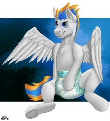 Size: 2800x3099 | Tagged: suggestive, artist:wittleskaj, derpibooru import, oc, oc:thunder heart, pegasus, pony, abdl, diaper, diaper fetish, fetish, grope, high res, image, kinky, looking at you, male, non-baby in diaper, pegasus oc, png, smiling, smiling at you, stallion, underhoof, wings