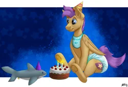 Size: 3448x2365 | Tagged: suggestive, artist:wittleskaj, derpibooru import, oc, oc:bulwark, pegasus, pony, shark, abdl, adult foal, bib, birthday cake, cake, diaper, diaper fetish, fetish, food, high res, image, male, non-baby in diaper, pegasus oc, plushie, png, shark plushie, stallion, wings