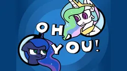 Size: 2560x1440 | Tagged: safe, artist:exoticeon, derpibooru import, princess celestia, princess luna, alicorn, pony, g4, duo, female, image, meme, oh you, png, ponified meme, tom and jerry