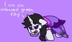 Size: 1280x747 | Tagged: safe, artist:exoticeon, derpibooru import, oc, oc:spooky, unofficial characters only, pony, unicorn, clothes, context is for the weak, dress, female, filly, foal, horn, image, jpeg, purple background, simple background, solo, unicorn oc, wrong eye color