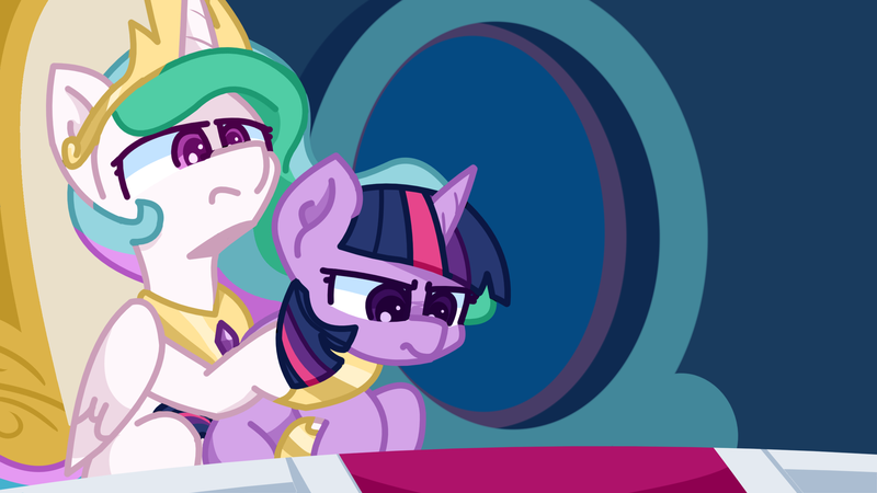 Size: 2560x1440 | Tagged: safe, artist:exoticeon, derpibooru import, princess celestia, twilight sparkle, alicorn, pony, g4, sparkle's seven, duo, duo female, female, frown, image, luna petting goose, mare, parody, png, scene parody, sitting