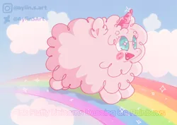 Size: 1754x1240 | Tagged: safe, artist:aylinsart, derpibooru import, oc, oc:fluffle puff, unofficial characters only, pony, cloud, fake horn, female, fluffy, image, pink fluffy unicorns dancing on rainbows, png, rainbow, solo