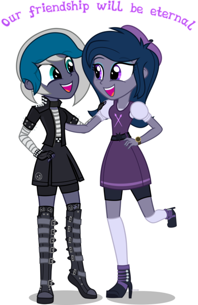 Size: 4000x6174 | Tagged: safe, artist:n0kkun, derpibooru import, oc, oc:elizabat stormfeather, oc:n0kkun, unofficial characters only, equestria girls, g4, belt, beret, boots, bracelet, choker, clothes, compression shorts, cute, dress, duo, equestria girls-ified, eyeshadow, female, fingerless gloves, friendship, gloves, grin, hat, high heel boots, image, jacket, leather jacket, makeup, open mouth, png, shirt, shoes, shorts, simple background, skirt, smiling, socks, spiked choker, spiked wristband, stockings, sweater, thigh highs, transparent background, watch, wristband, wristwatch