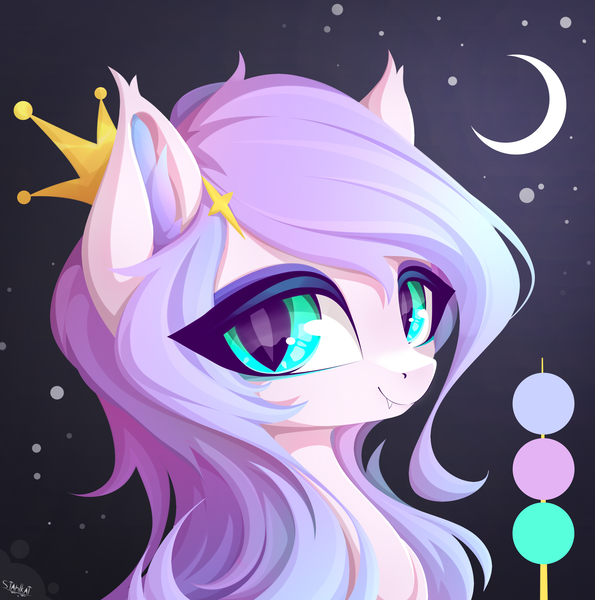 Size: 2616x2640 | Tagged: oc name needed, safe, artist:stahlkat, derpibooru import, oc, unofficial characters only, bat pony, pony, bat pony oc, bat wings, bust, color palette, crescent moon, crown, cute, cute little fangs, eyelashes, fangs, female, high res, image, jewelry, looking at you, mare, moon, png, portrait, princess, regalia, signature, slit pupils, smiling, smiling at you, solo, stars, three quarter view, wings