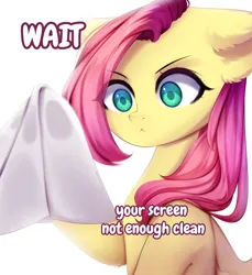 Size: 1200x1308 | Tagged: safe, artist:shavurrr, derpibooru import, fluttershy, pegasus, pony, g4, :<, breaking the fourth wall, chest fluff, cleaning, colored pupils, cute, dialogue, ear fluff, engrish, eye clipping through hair, eyebrows, eyebrows visible through hair, female, hoof hold, image, jpeg, mare, rag, simple background, solo, washing, white background