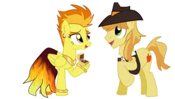 Size: 1024x582 | Tagged: safe, artist:nintendoponyaddict, derpibooru import, braeburn, spitfire, earth pony, pegasus, pony, g4, duo, ear piercing, female, folded wings, green eyes, hoof hold, hooves, image, jewelry, lidded eyes, looking at someone, male, mare, open mouth, open smile, orange eyes, piercing, png, raised hoof, ring, shipping, simple background, smiling, spitburn, stallion, standing, straight, tail, transparent background, two toned mane, two toned tail, wings