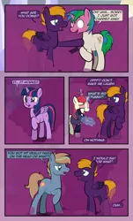 Size: 1920x3169 | Tagged: safe, artist:alexdti, derpibooru import, moondancer, twilight sparkle, twilight sparkle (alicorn), oc, oc:brainstorm (alexdti), oc:dark purple, oc:purple creativity, oc:star logic, alicorn, pegasus, pony, unicorn, comic:quest for friendship, g4, blue eyes, blushing, comic, crying, dialogue, eye contact, female, folded wings, glow, glowing horn, green eyes, high res, hooves, horn, image, jpeg, lidded eyes, looking at each other, looking at someone, looking back, magic, male, mare, multicolored mane, multicolored tail, offscreen character, onomatopoeia, open mouth, open smile, pegasus oc, purple eyes, raised hoof, shadow, shrunken pupils, smiling, speech bubble, stallion, standing, tail, tears of pain, telekinesis, two toned mane, two toned tail, unicorn oc, wall of tags, wings, wiping tears