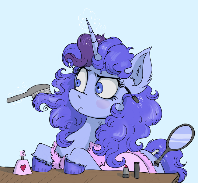 Size: 2664x2456 | Tagged: safe, artist:paskanaakka, derpibooru import, oc, oc:midnight dew, unofficial characters only, pony, unicorn, applying makeup, bathrobe, brush, brushing, clothes, colored hooves, derpibooru exclusive, ear fluff, female, hairbrush, high res, horn, image, lipstick, makeup, mare, mascara, perfume, png, pony oc, robe, simple background, solo, unicorn oc, unshorn fetlocks