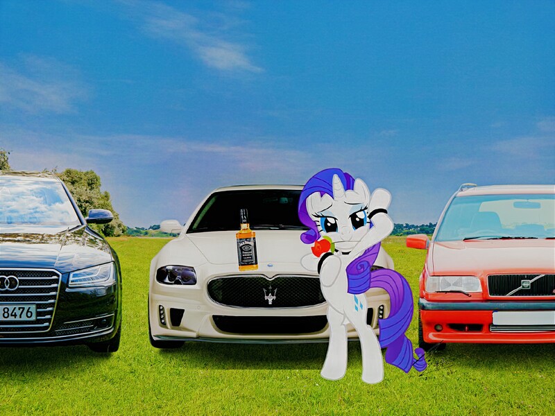 Size: 6512x4884 | Tagged: safe, artist:bluse, derpibooru import, edit, editor:seborarity, rarity, pony, unicorn, g4, audi, audi a8, bipedal, car, female, flower, image, jack daniels, jpeg, maserati, maserati quattroporte, mouth hold, rose, sexy, solo, volvo, volvo 850