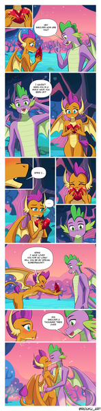 Size: 960x3896 | Tagged: safe, artist:riouku, derpibooru import, smolder, spike, dragon, g4, blushing, comic, commission, confession, dragoness, female, fire ruby, gem, heart, holiday, image, kiss on the lips, kissing, male, older, older smolder, older spike, png, ruby, ship:spolder, shipping, straight, valentine's day