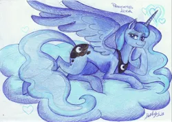 Size: 7015x4960 | Tagged: safe, artist:darkaudi1728, derpibooru import, princess luna, alicorn, pony, g4, absurd resolution, cloud, female, hoof on chin, image, jpeg, lidded eyes, looking at you, lying down, lying on a cloud, mare, on a cloud, smiling, smiling at you, solo, traditional art