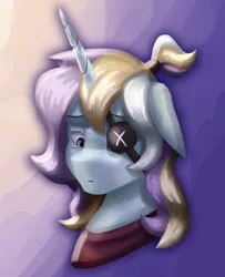 Size: 1300x1600 | Tagged: safe, artist:vezja, derpibooru import, oc, pony, unicorn, abstract background, bust, clothes, disembodied head, eyepatch, horn, image, looking down, one ear down, png, ponytail, portrait, sad, simple background, sweater