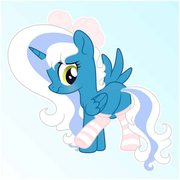 Size: 1024x1024 | Tagged: safe, artist:riofluttershy, derpibooru import, oc, oc:fleurbelle, unofficial characters only, alicorn, pony, :s, adorabelle, alicorn oc, blue background, blushing, bow, butt, clothes, cute, featureless crotch, female, hair bow, hooves, horn, image, jpeg, looking back, mare, ocbetes, one wing out, outline, plot, raised leg, show accurate, simple background, socks, solo, standing, striped socks, tail, two toned mane, two toned tail, wavy mouth, white outline, wings, yellow eyes