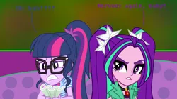 Size: 2000x1125 | Tagged: safe, artist:bigpurplemuppet99, derpibooru import, aria blaze, sci-twi, twilight sparkle, equestria girls, g4, abstract background, clothes, duo, female, gem, glasses, gritted teeth, hair accessory, image, jpeg, lesbian, pigtails, ponytail, shipping, sparkleblaze, twintails, worried