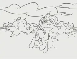 Size: 3300x2550 | Tagged: safe, artist:leadhooves, derpibooru import, pinkie pie, earth pony, pony, g4, :o, female, grayscale, high res, image, jpeg, lineart, looking up, mare, monochrome, ocean, open mouth, solo, swimming, underwater, water, wet, wet mane